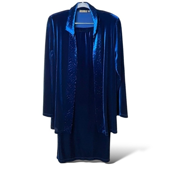 PICADILLY  Blue Velvet Skirt Set Open Front Long Line Jacket Pencil Skirt Sz S/M - Picture 1 of 10